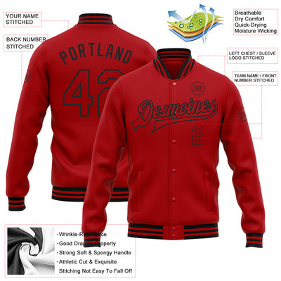 Custom Red Black Bomber Full-Snap Varsity Letterman Jacket