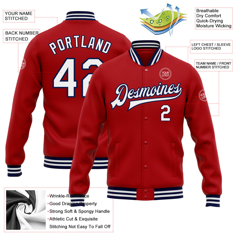 Custom Red White-Navy Bomber Full-Snap Varsity Letterman Jacket