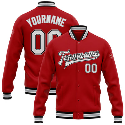 Custom Red White Black-Gray Bomber Full-Snap Varsity Letterman Jacket
