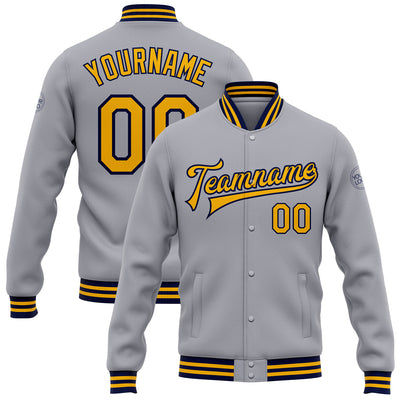Custom Gray Gold-Navy Bomber Full-Snap Varsity Letterman Jacket