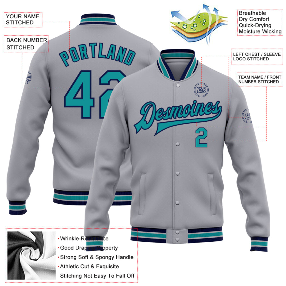 Custom Gray Teal-Navy Bomber Full-Snap Varsity Letterman Jacket