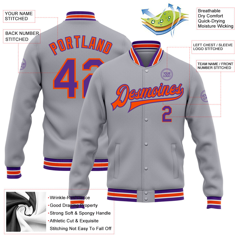 Custom Gray Purple-Orange Bomber Full-Snap Varsity Letterman Jacket