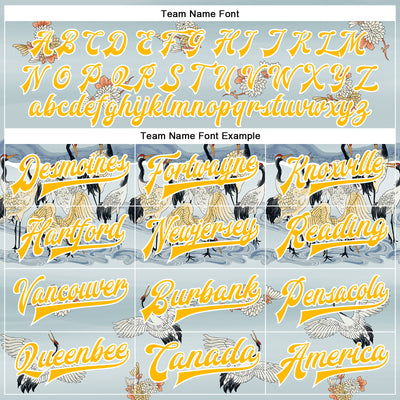 Custom Lakes Blue Gold-White Heron 3D Pattern Design Bomber Full-Snap Varsity Letterman Jacket