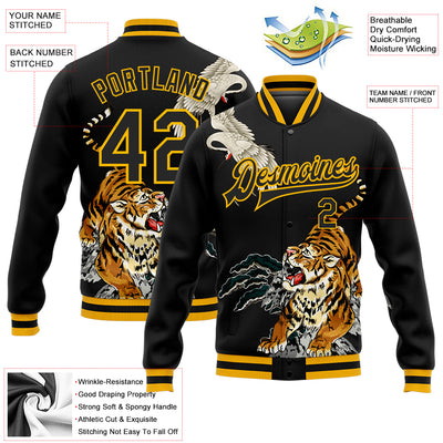 Custom Black Gold Heron And Tiger 3D Pattern Design Bomber Full-Snap Varsity Letterman Jacket