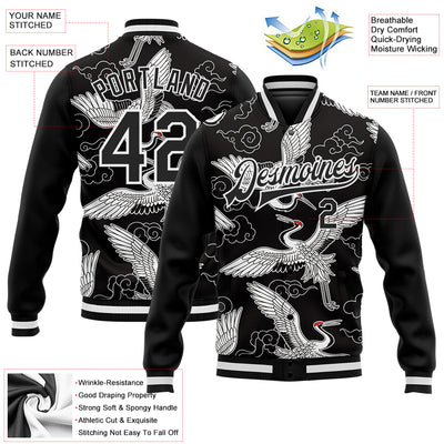 Custom Black White Heron And Cloud 3D Pattern Design Bomber Full-Snap Varsity Letterman Jacket