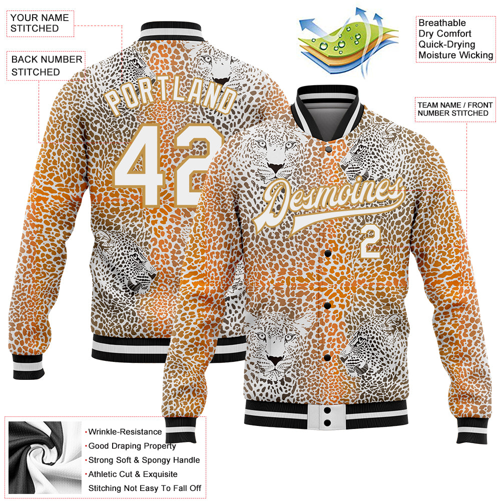 Custom Old Gold White-Black Leopard 3D Pattern Design Bomber Full-Snap Varsity Letterman Jacket