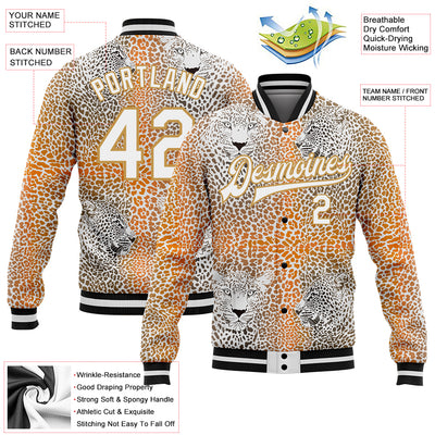 Custom Old Gold White-Black Leopard 3D Pattern Design Bomber Full-Snap Varsity Letterman Jacket