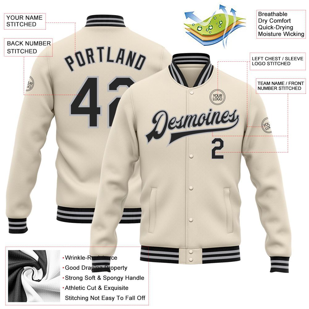 Custom Cream Black-Gray Bomber Full-Snap Varsity Letterman Jacket