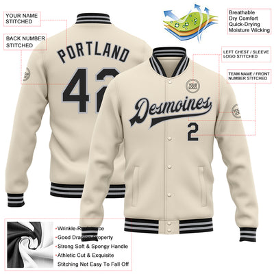 Custom Cream Black-Gray Bomber Full-Snap Varsity Letterman Jacket