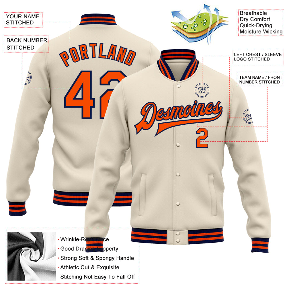 Custom Cream Orange-Navy Bomber Full-Snap Varsity Letterman Jacket