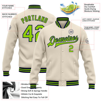 Custom Cream Neon Green-Navy Bomber Full-Snap Varsity Letterman Jacket