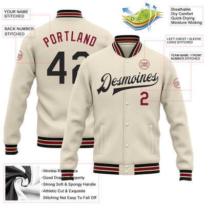 Custom Cream Black Crimson-City Cream Bomber Full-Snap Varsity Letterman Jacket
