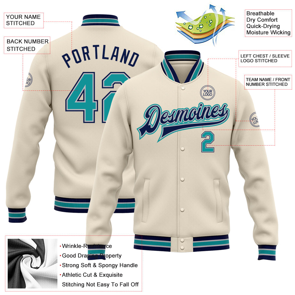 Custom Cream Teal Gray-Navy Bomber Full-Snap Varsity Letterman Jacket