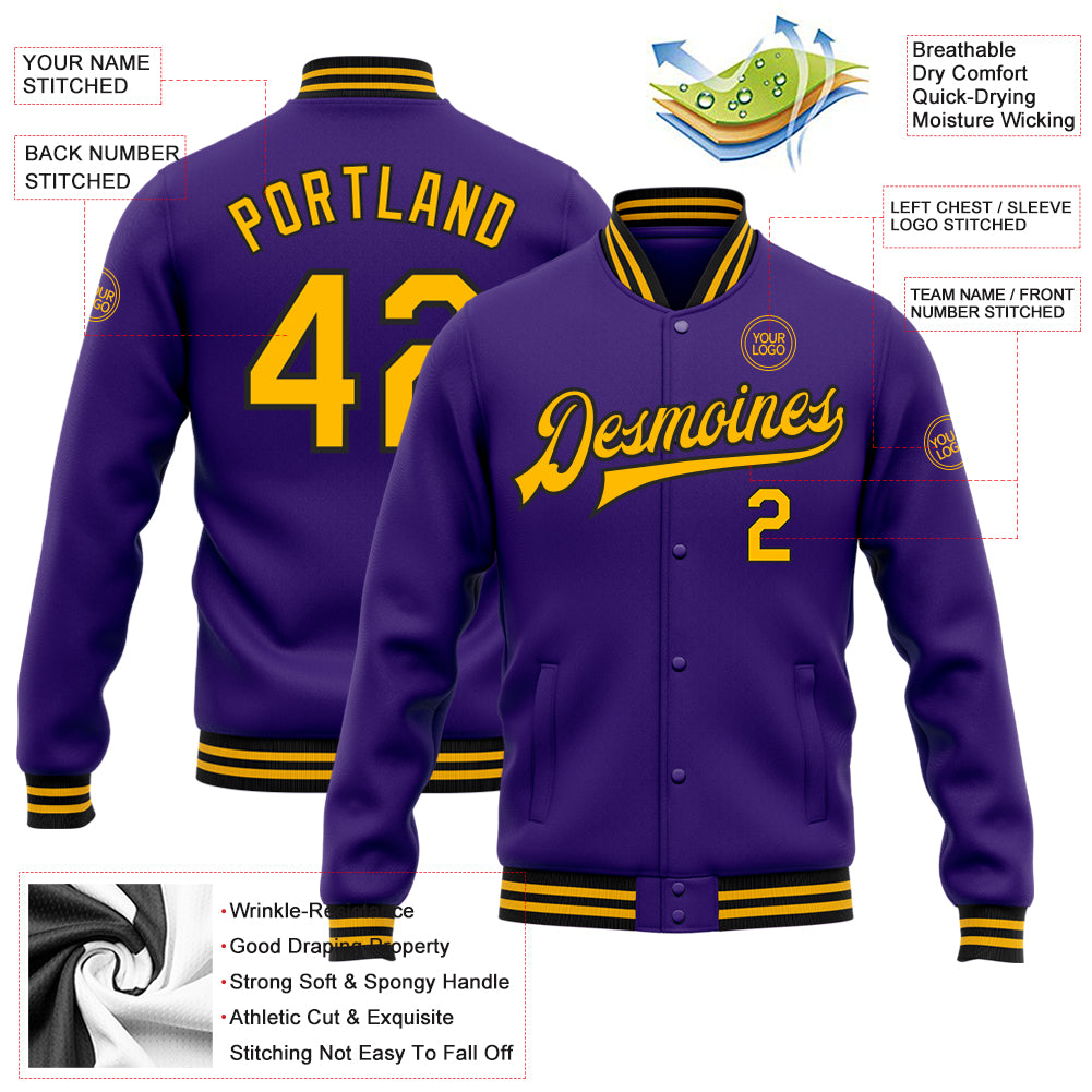 Custom Purple Gold-Black Bomber Full-Snap Varsity Letterman Jacket