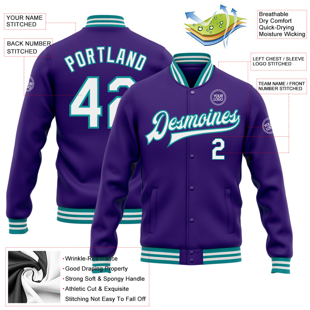 Custom Purple White-Teal Bomber Full-Snap Varsity Letterman Jacket