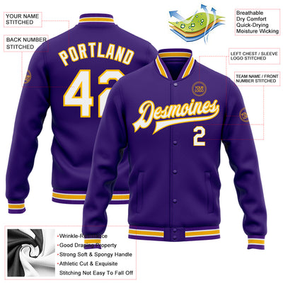 Custom Purple White-Gold Bomber Full-Snap Varsity Letterman Jacket