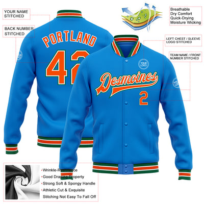 Custom Powder Blue Orange-Kelly Green Bomber Full-Snap Varsity Letterman Jacket