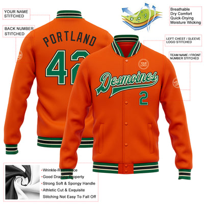 Custom Orange Kelly Green Cream-Black Bomber Full-Snap Varsity Letterman Jacket