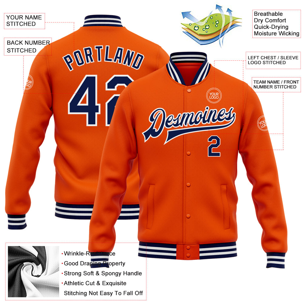 Custom Orange Navy-White Bomber Full-Snap Varsity Letterman Jacket