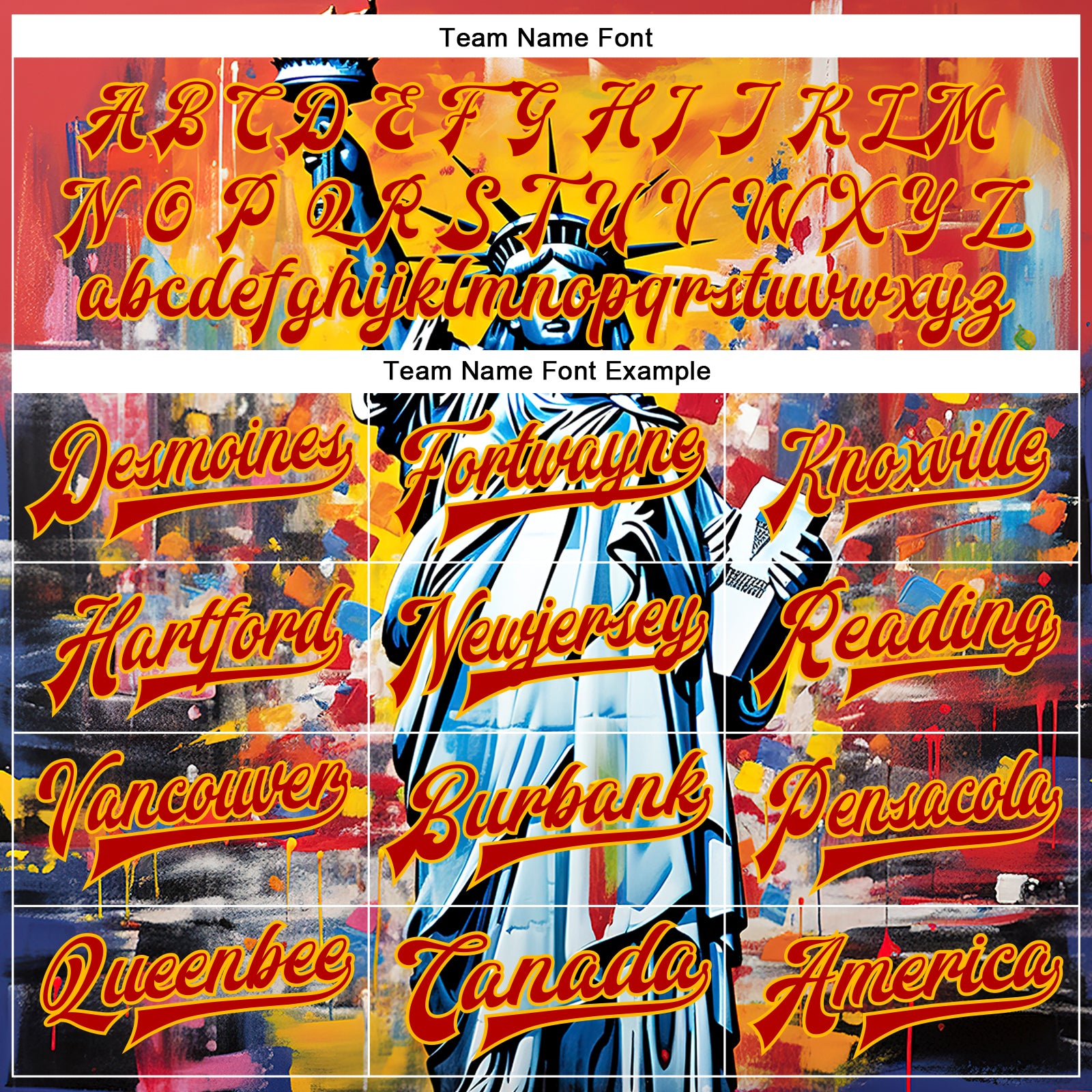 Custom Gold Red Statue of Liberty Independence Day 3D Pattern Design Bomber Full-Snap Varsity Letterman Jacket