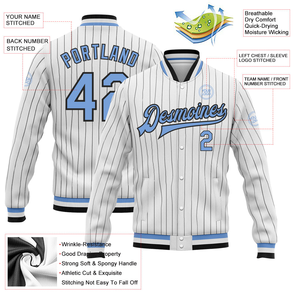 Custom White Black Pinstripe Light Blue Bomber Full-Snap Varsity Letterman Jacket