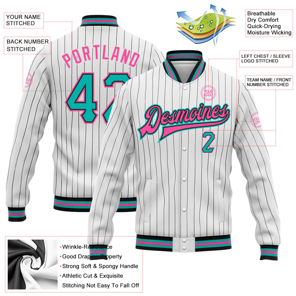 Custom White Black Pinstripe Aqua-Pink Bomber Full-Snap Varsity Letterman Jacket
