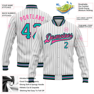 Custom White Black Pinstripe Aqua-Pink Bomber Full-Snap Varsity Letterman Jacket