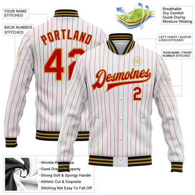 Custom White Red Pinstripe Old Gold-Black Bomber Full-Snap Varsity Letterman Jacket