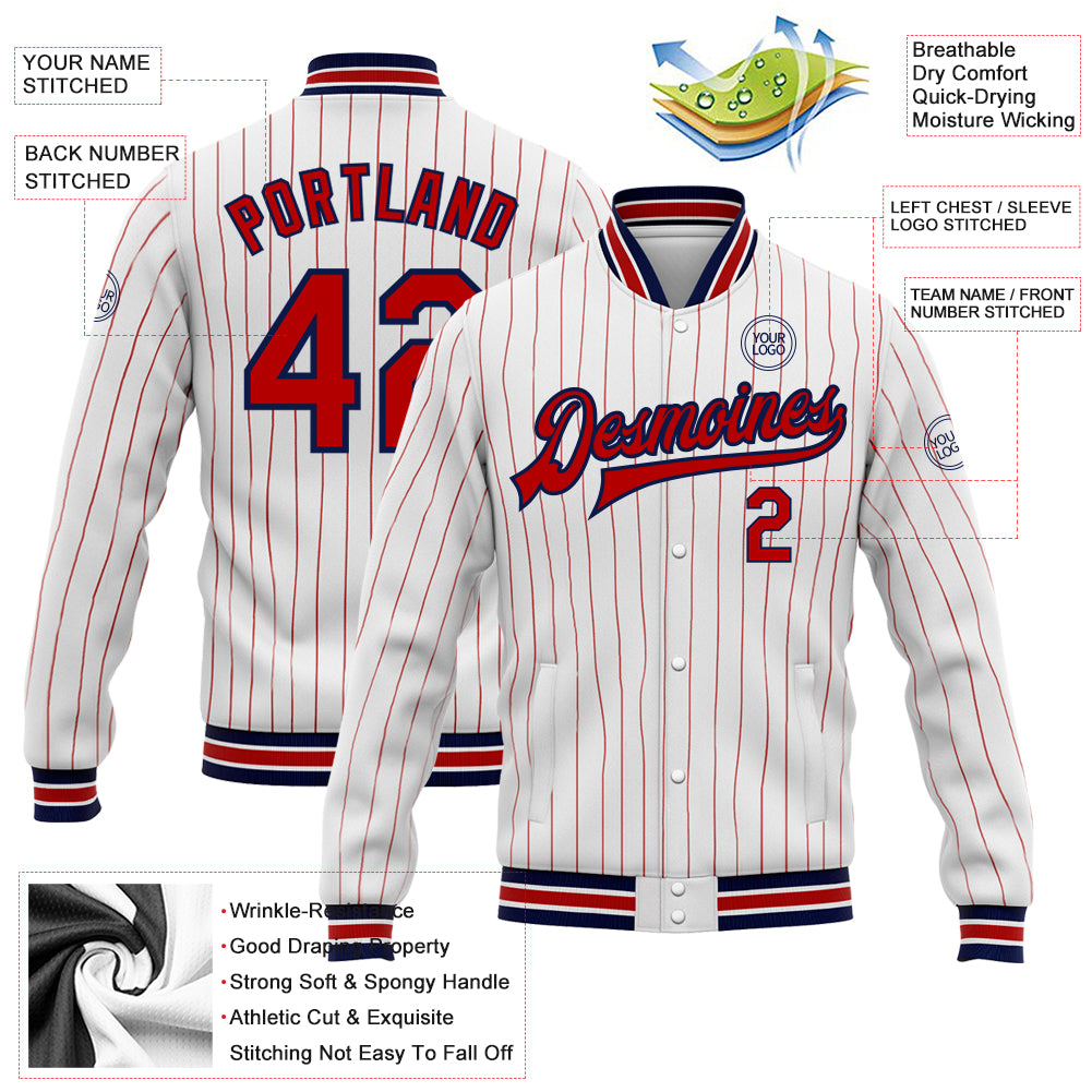 Custom White Red Pinstripe Navy Bomber Full-Snap Varsity Letterman Jacket