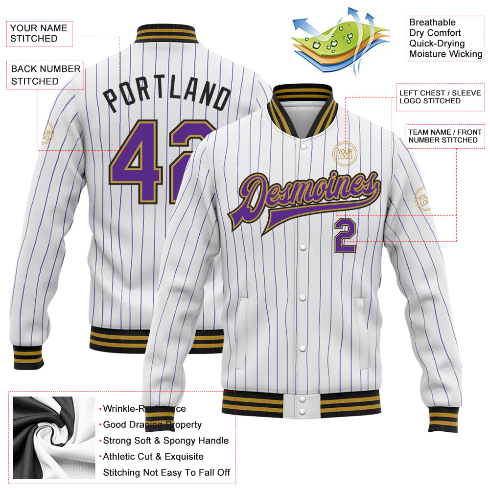Custom White Purple Pinstripe Old Gold-Black Bomber Full-Snap Varsity Letterman Jacket