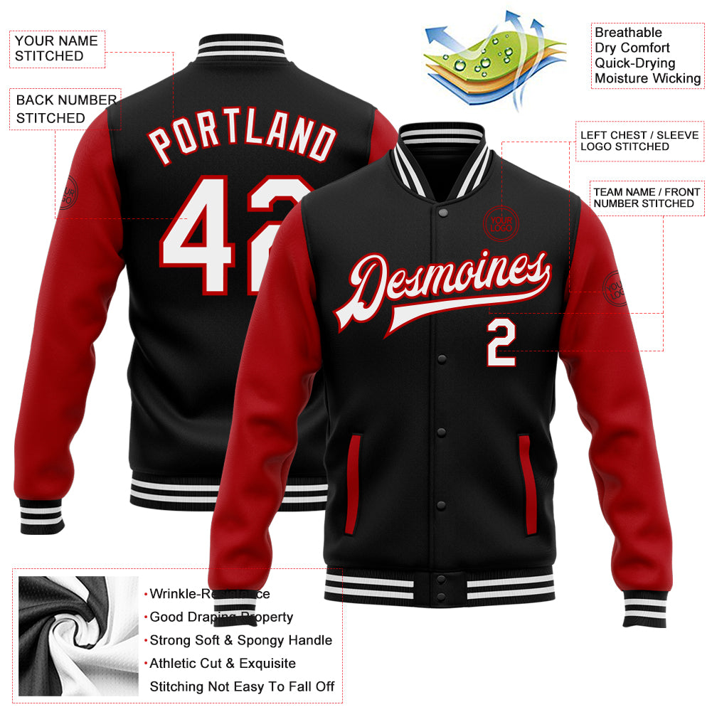 Custom Black White-Red Bomber Full-Snap Varsity Letterman Two Tone Jacket