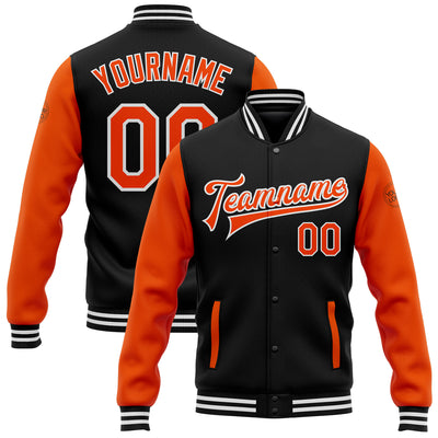 Custom Black Orange-White Bomber Full-Snap Varsity Letterman Two Tone Jacket