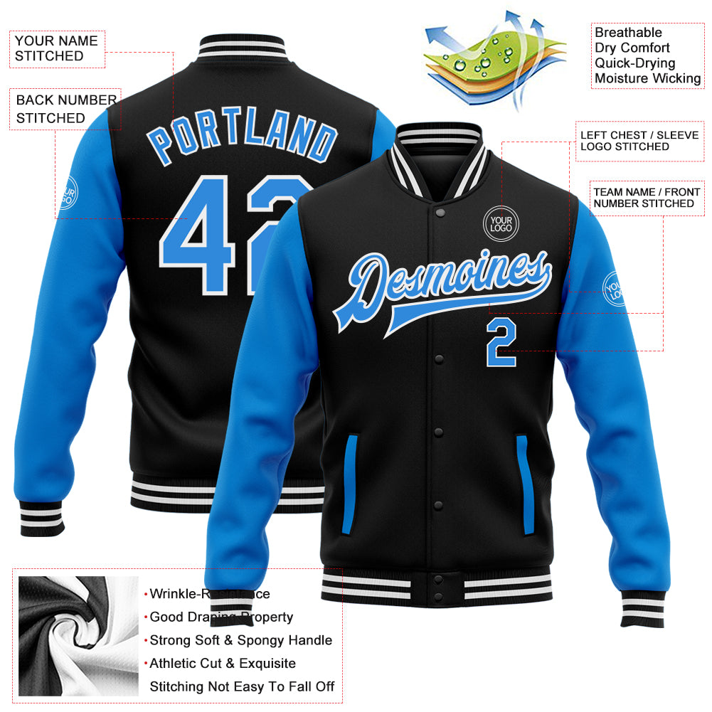 Custom Black Powder Blue-White Bomber Full-Snap Varsity Letterman Two Tone Jacket