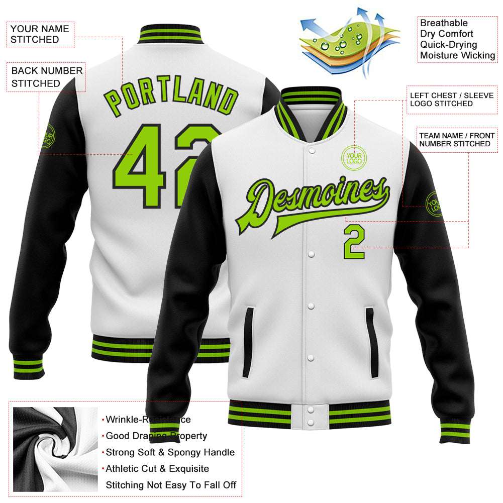 Custom White Neon Green-Black Bomber Full-Snap Varsity Letterman Two Tone Jacket