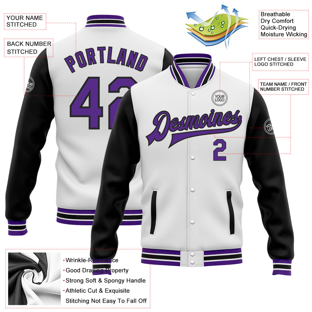 Custom White Purple-Black Bomber Full-Snap Varsity Letterman Two Tone Jacket