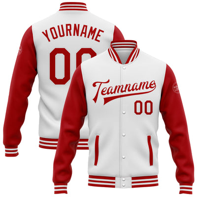 Custom White Red Bomber Full-Snap Varsity Letterman Two Tone Jacket
