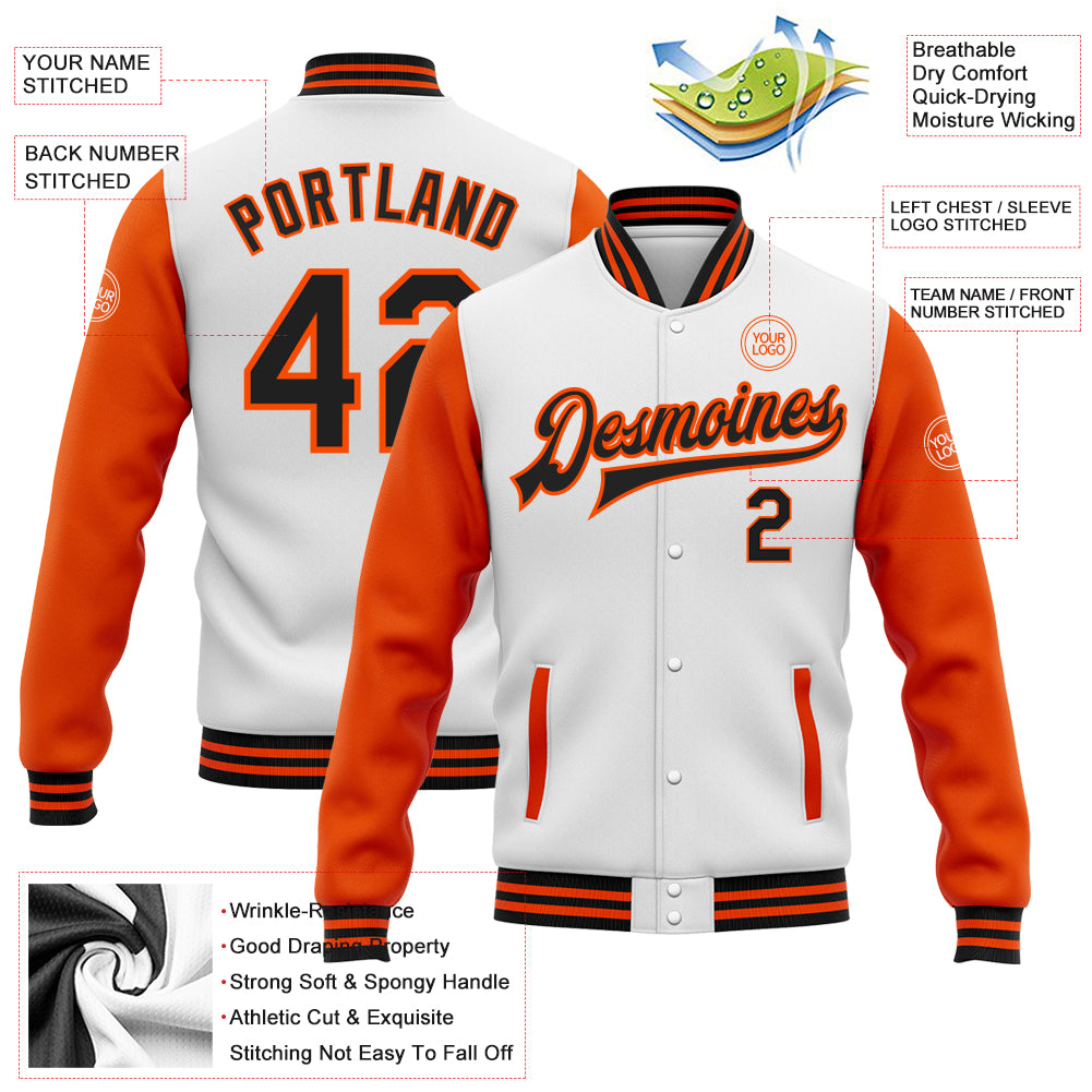 Custom White Black-Orange Bomber Full-Snap Varsity Letterman Two Tone Jacket