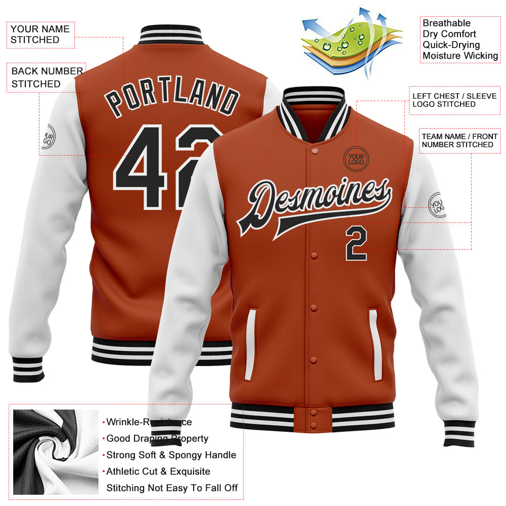 Custom Texas Orange Black-White Bomber Full-Snap Varsity Letterman Two Tone Jacket