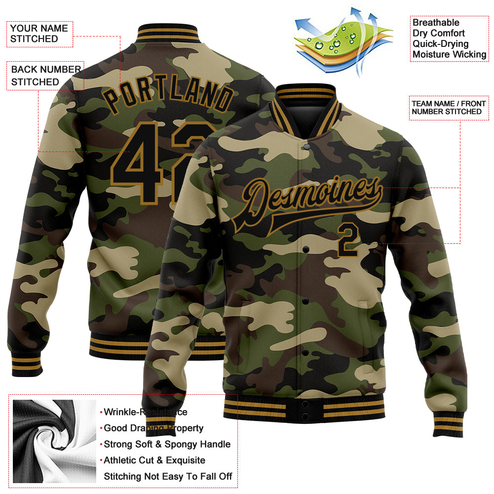 Custom Camo Black-Old Gold Jungle Camouflage 3D Bomber Full-Snap Varsity Letterman Salute To Service Jacket