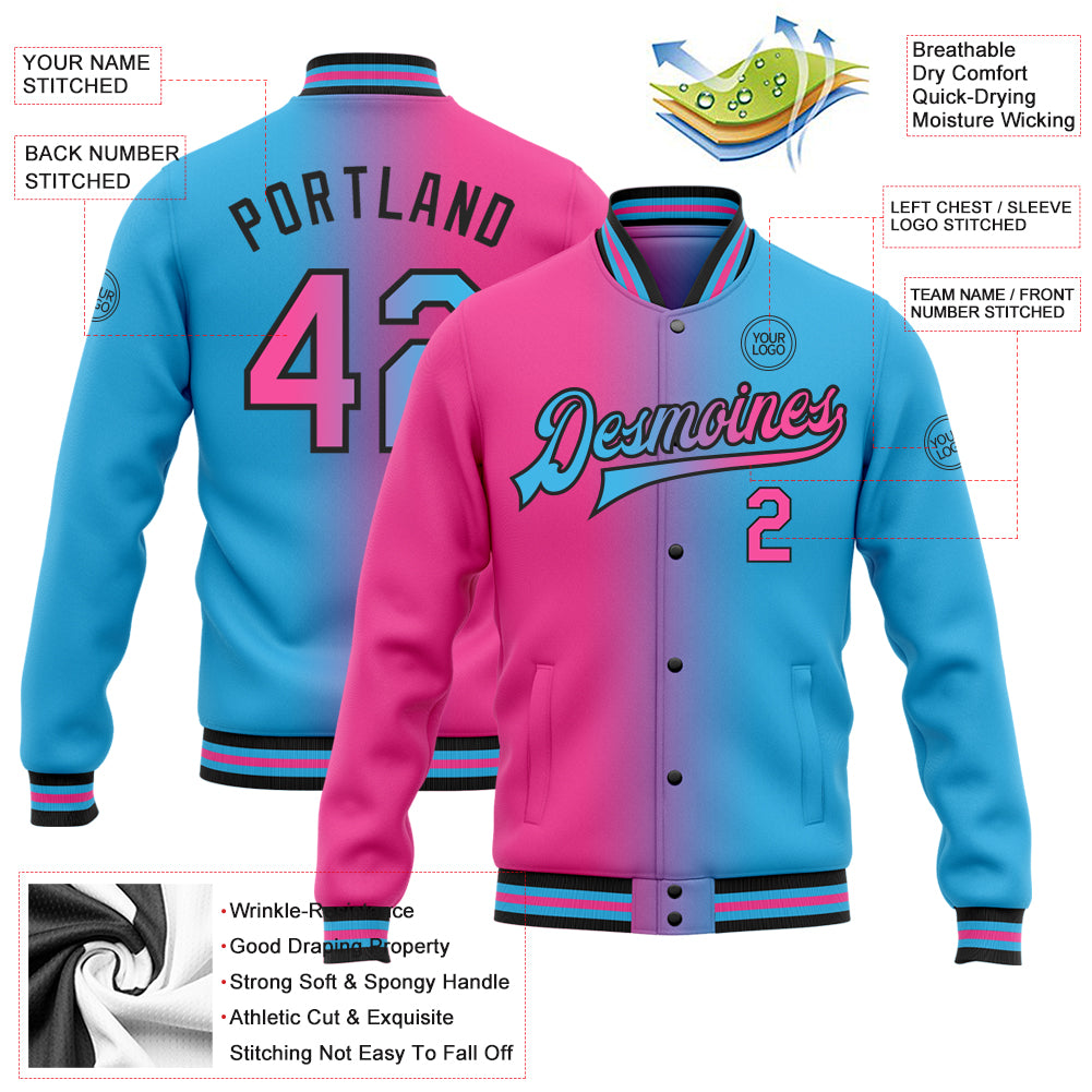 Custom Sky Blue Pink-Black Bomber Full-Snap Varsity Letterman Gradient Fashion Jacket