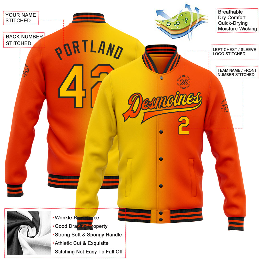 Custom Orange Yellow-Black Bomber Full-Snap Varsity Letterman Gradient Fashion Jacket