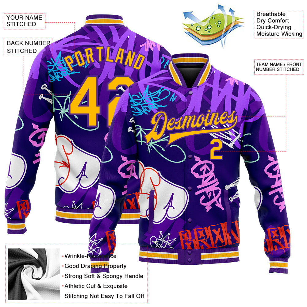 Custom Graffiti Pattern Gold-Purple Hiphop Urban Street Art 3D Bomber Full-Snap Varsity Letterman Jacket