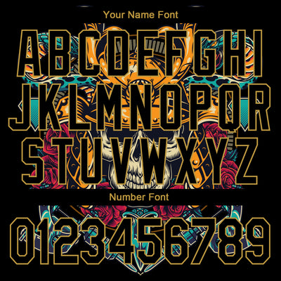 Custom Black Old Gold Skull Fashion 3D Bomber Full-Snap Varsity Letterman Jacket