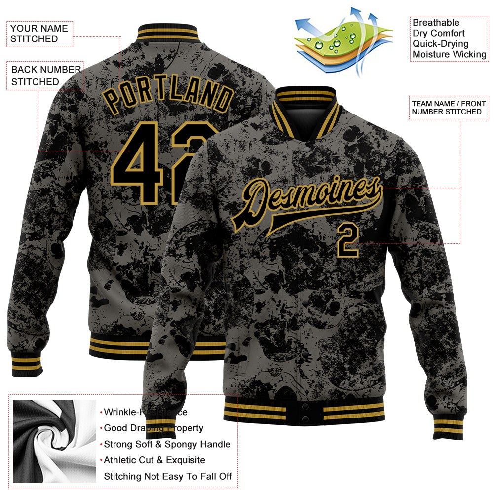 Custom Black Old Gold Skull Fashion 3D Bomber Full-Snap Varsity Letterman Jacket