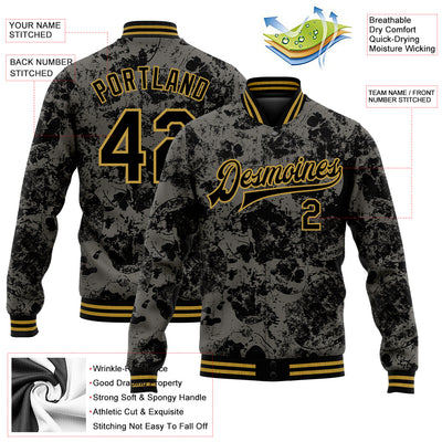 Custom Black Old Gold Skull Fashion 3D Bomber Full-Snap Varsity Letterman Jacket