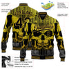 Custom Black Old Gold Skull With Butterfly 3D Bomber Full-Snap Varsity Letterman Jacket