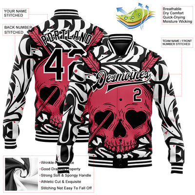 Custom Black White Pink Skull With Heart Shaped Eyes 3D Bomber Full-Snap Varsity Letterman Jacket