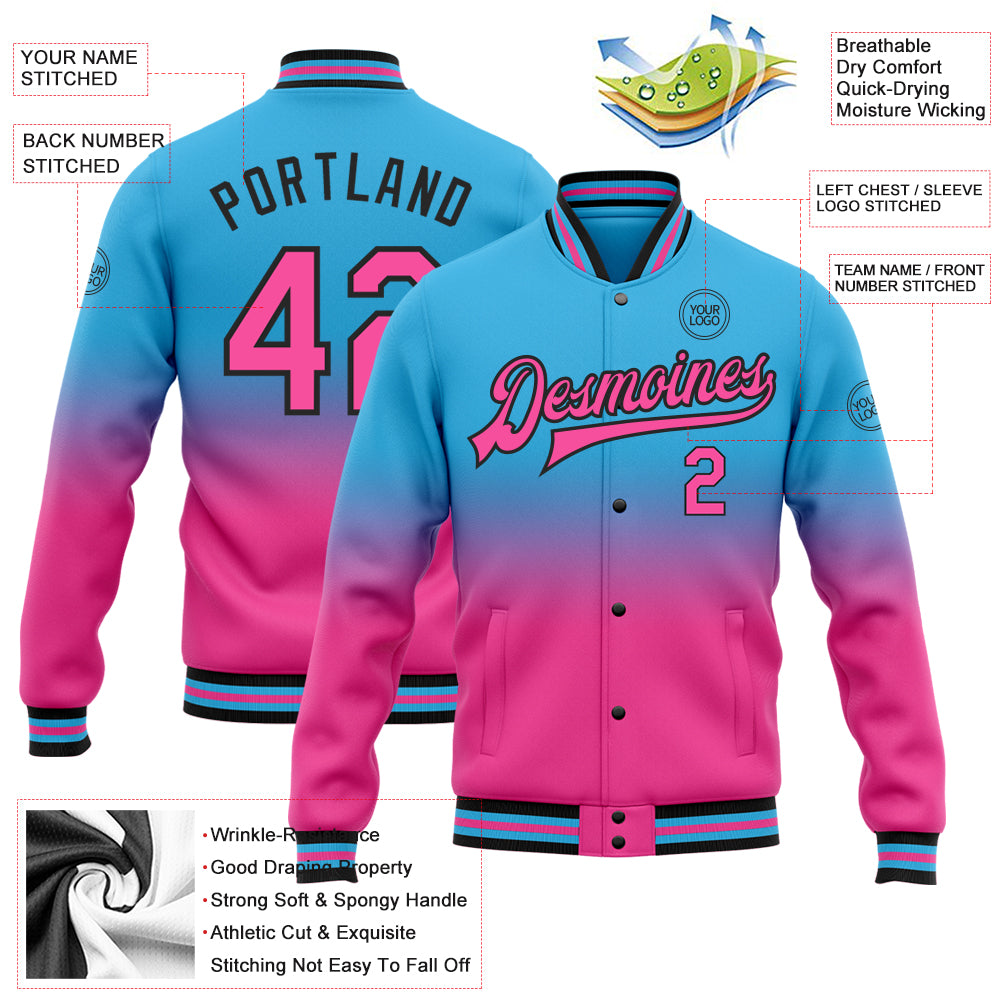 Custom Sky Blue Pink-Black Bomber Full-Snap Varsity Letterman Fade Fashion Jacket