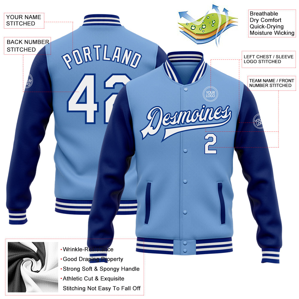 Custom Light Blue White-Royal Bomber Full-Snap Varsity Letterman Two Tone Jacket