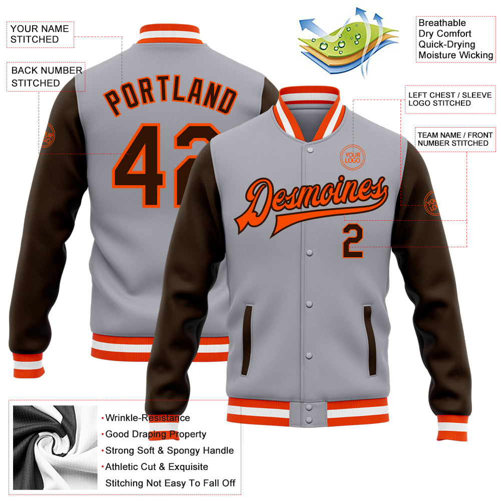 Custom Gray Brown-Orange Bomber Full-Snap Varsity Letterman Two Tone Jacket